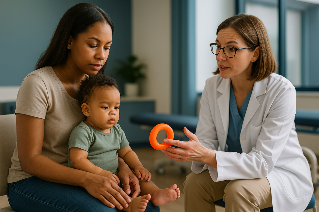 Healthcare provider assessing toddler with developmental toy: Why would a child need early intervention? The case for starti
