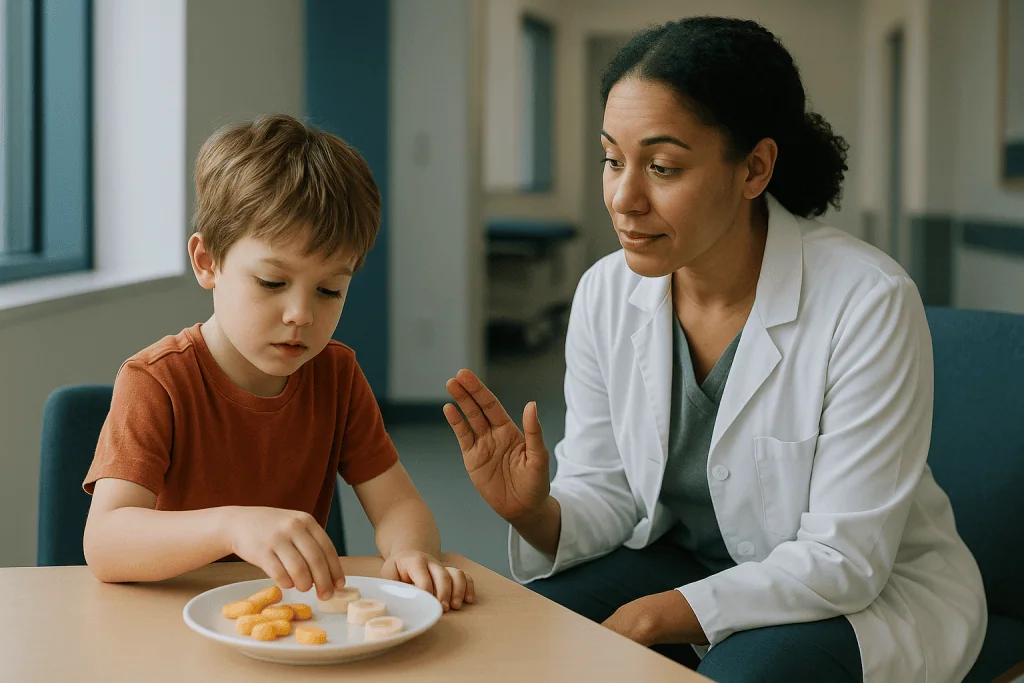 Woman and child with food plate at table: Why would a child need occupational therapy if nothing is medically wrong?