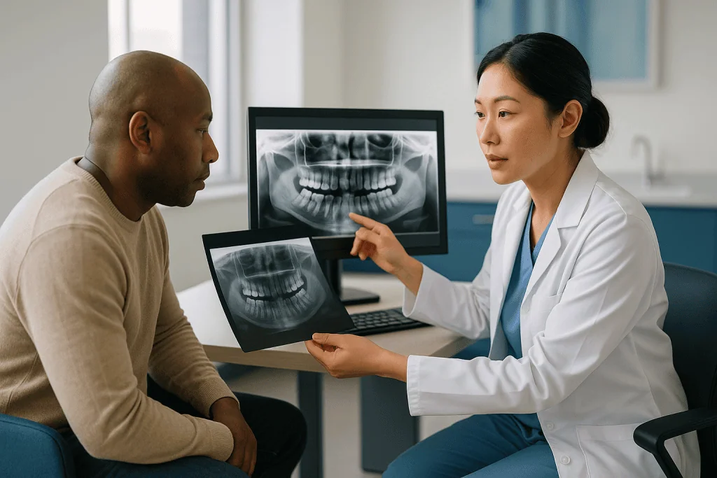 Dentist reviewing panoramic X-ray with male patient: Why would a dentist order a panoramic X-ray?
