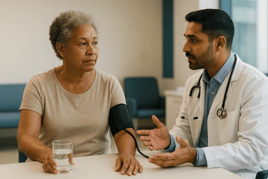 Doctor consulting with senior patient during blood pressure check: Why would a doctor order a renal angiogram in the first p