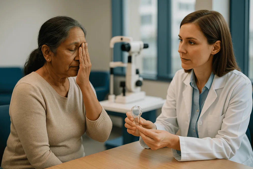 Eye care consultation between female doctor and patient: Why would an intraocular lens need repositioning or exchange?