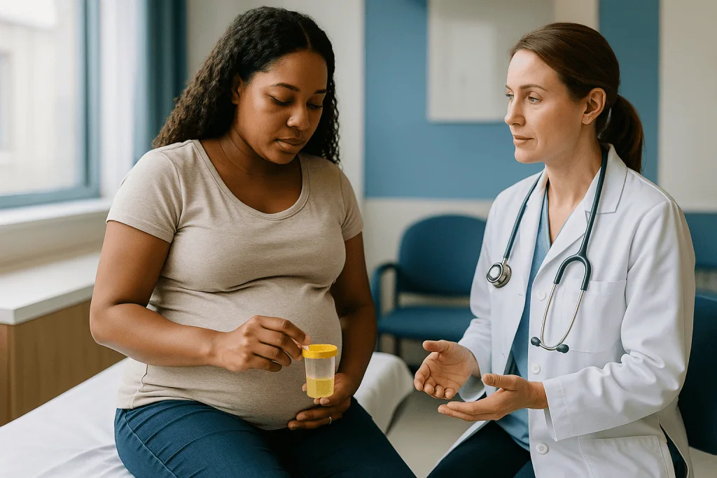 Pregnant woman with doctor discussing urine test sample: Why would I have protein in my urine when pregnant?