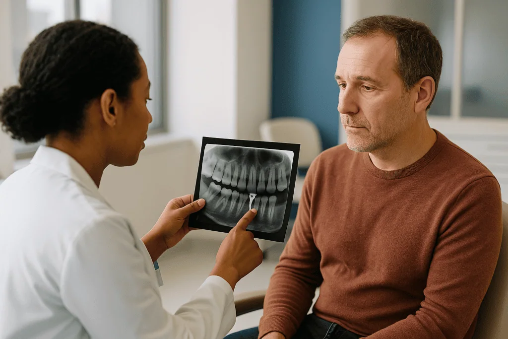 Dentist reviewing panoramic X-ray with adult patient: Why X-rays are taken before, during and after treatment