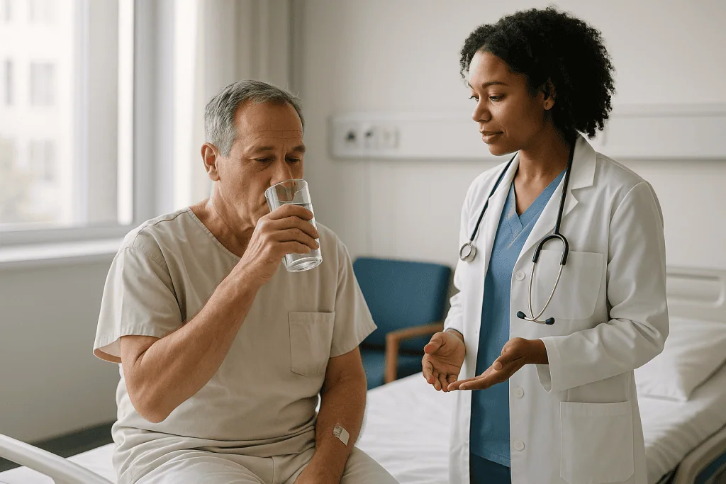 Doctor consulting with male patient drinking water: Why you are told to drink extra fluids after the dye