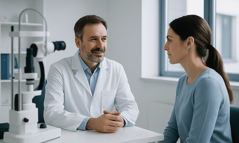 Ophthalmologist consulting a patient in a modern clinic setting.
