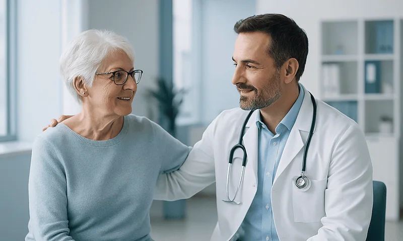 Doctor comforting elderly woman after endoscopy at Acibadem Hospital.