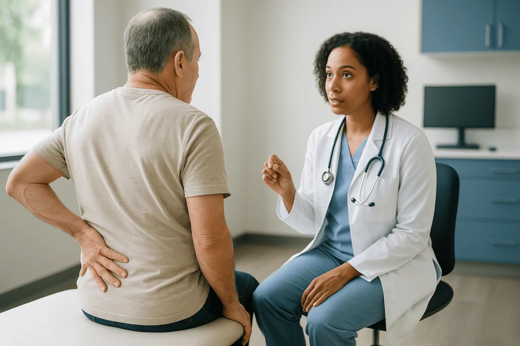 Doctor consulting with older male patient about back pain: Why you will probably have a medial branch block first
