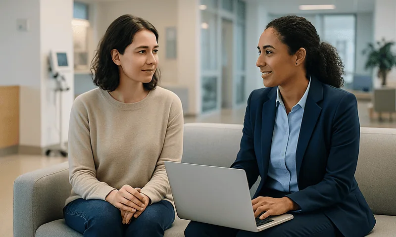 Patient consulting with a healthcare professional in a hospital lobby.