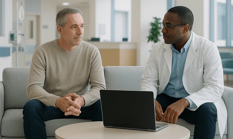 Doctor consulting with a patient in a modern hospital setting.