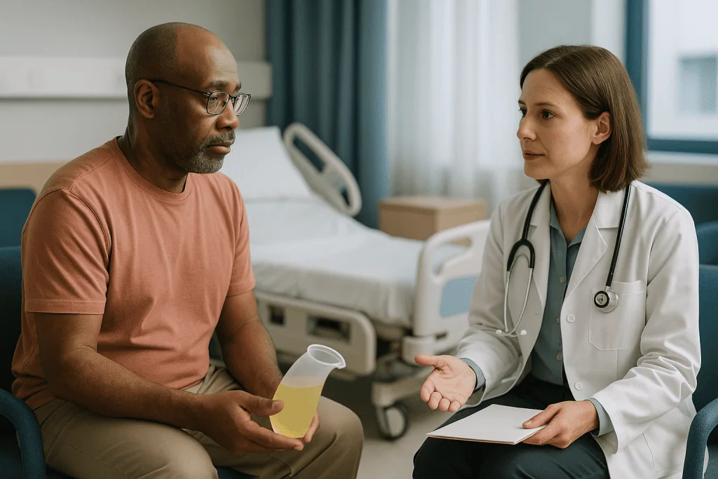 Doctor consulting patient in hospital room: Why your kidneys get checked before a stent