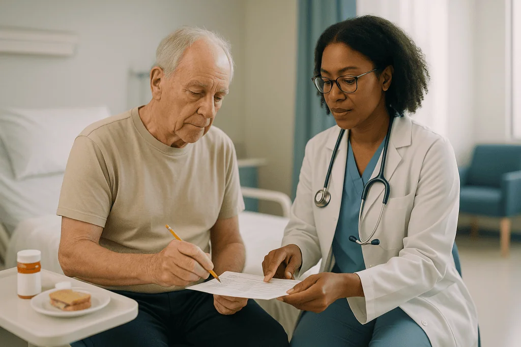 Doctor consulting with elderly patient, reviewing medical documents: Why your medication list matters more than it seems
