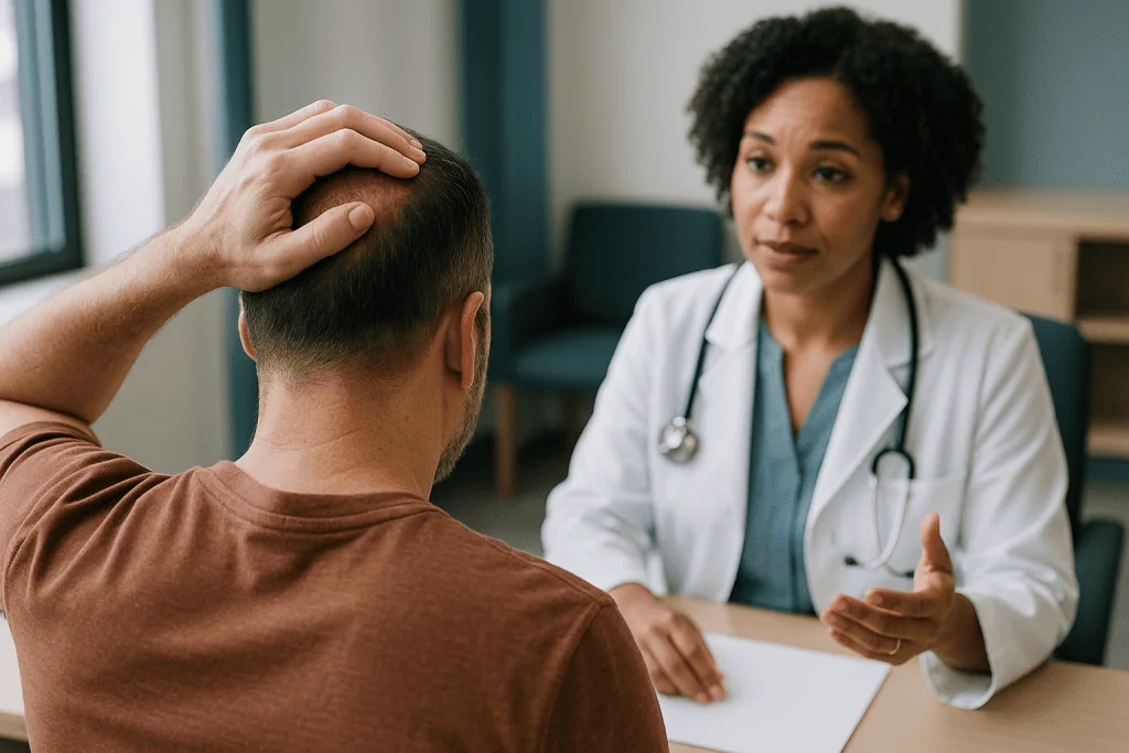Doctor consulting with male patient about head/scalp: Why your scalp feels tender, tight or bruised for a few days