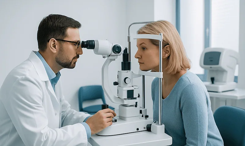 Ophthalmologist examining a patient's eye with a slit lamp in a clinic.