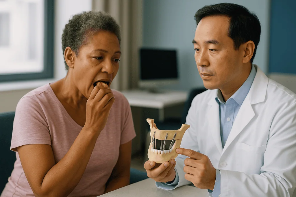 Dentist showing dental model to patient eating cookie: Why zygomatic implant complications differ from standard implant prob