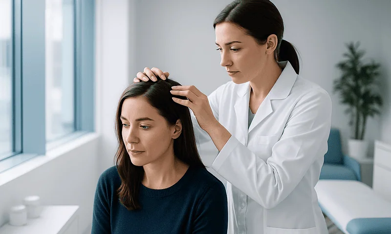 Doctor examining woman's scalp in a medical consultation room.