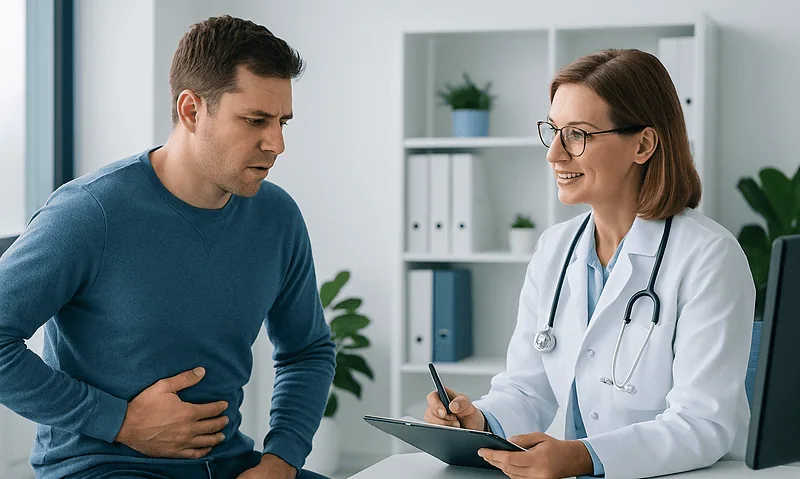 Doctor consulting with patient about kidney stone symptoms in clinic.