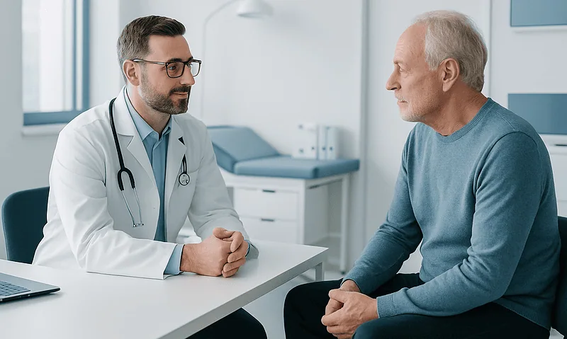 Doctor consulting with elderly patient in a medical office.