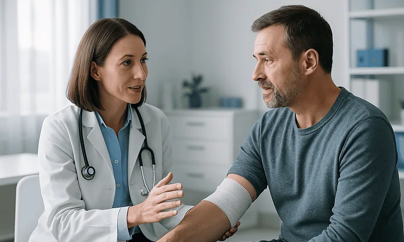 Doctor examining patient's arm in a medical consultation room.