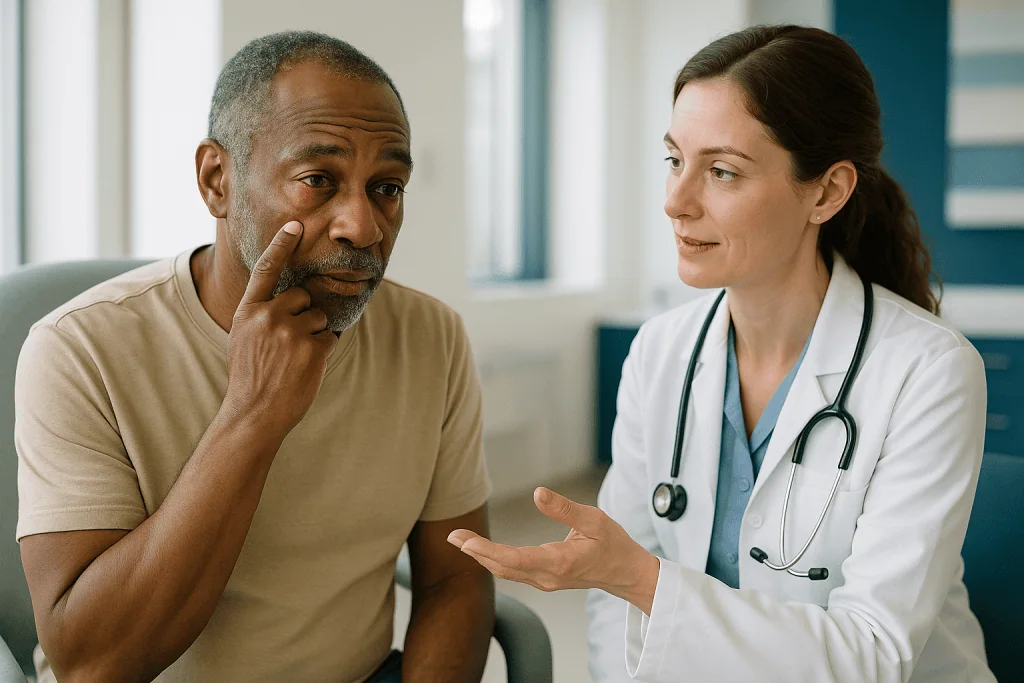 Doctor consulting patient about eye condition in clinic: Will pink eye clear without antibiotics? What the evidence shows