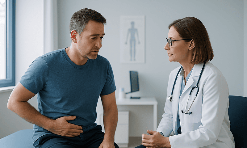 Doctor consulting with male patient about kidney health in clinic.