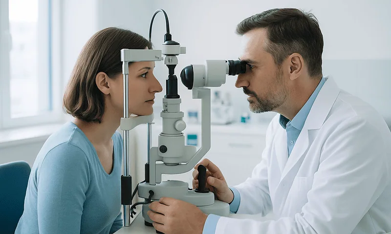 Ophthalmologist examining a patient with a slit lamp in a clinic setting.