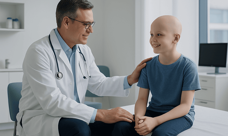 Pediatric doctor consulting with a young patient in a hospital room.