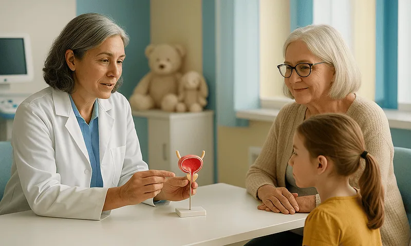 Pediatric urology consultation at Acibadem Hospital with doctor, mother, and child.