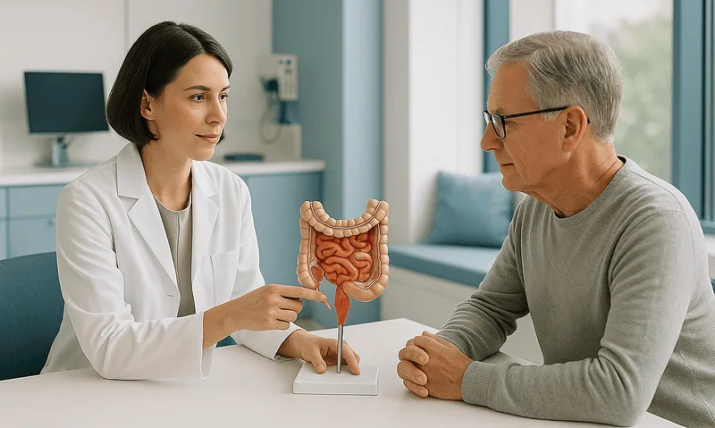 Doctor explaining digestive system model to patient in clinic setting.