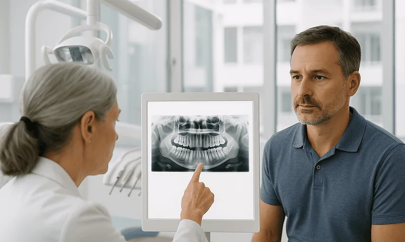 Dentist explaining wisdom teeth X-ray to patient in clinic.