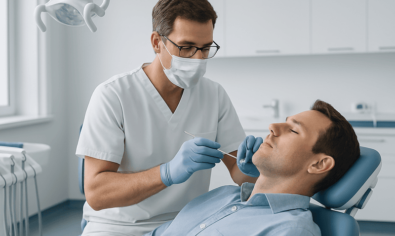 Dentist performing oral examination on patient in clinic setting.
