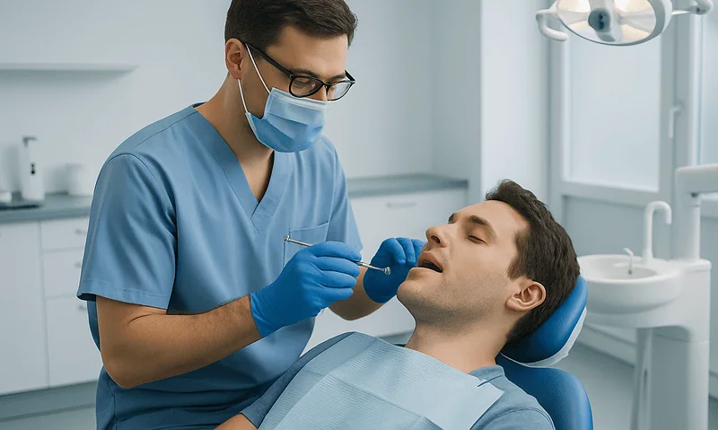 Dentist performing wisdom teeth examination on patient in clinic.