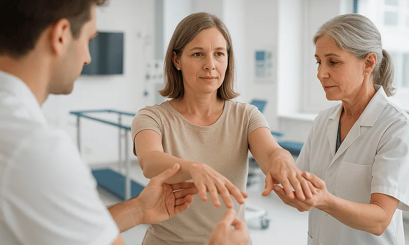 Medical professionals examining a patient's wrist in a hospital setting.