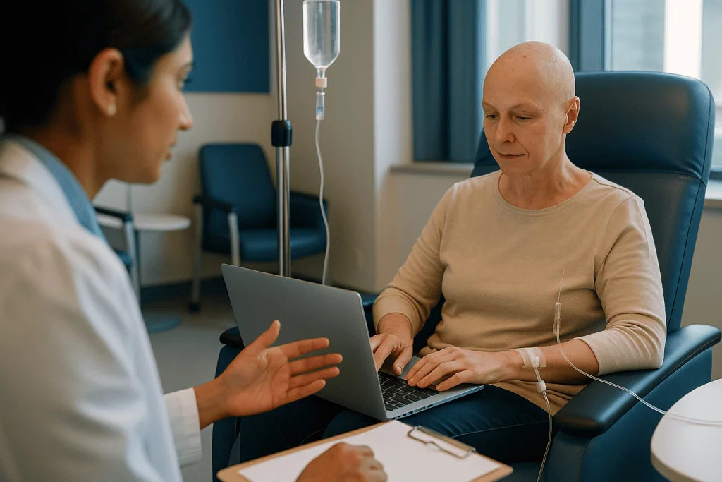 Healthcare provider consulting patient with laptop: Working during chemotherapy: who usually keeps going, and who is asked t