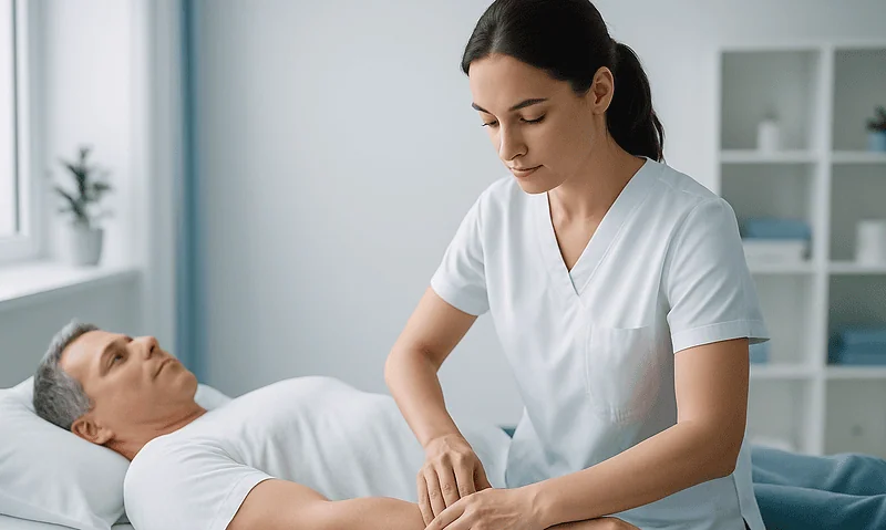 Nurse providing care to a patient in a hospital bed at Acibadem Hospital.