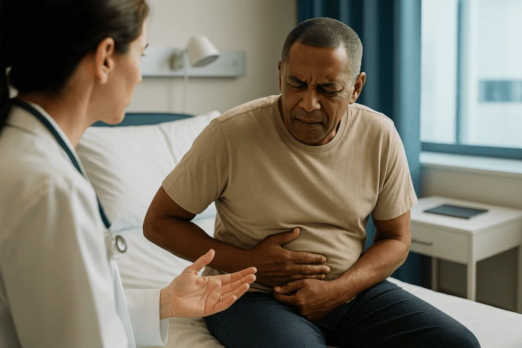 Doctor examining patient with abdominal pain in clinic — Worsening pain, fever or vomiting: how each signal changes the pictu