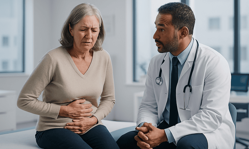 Doctor consulting with an elderly woman about abdominal pain.