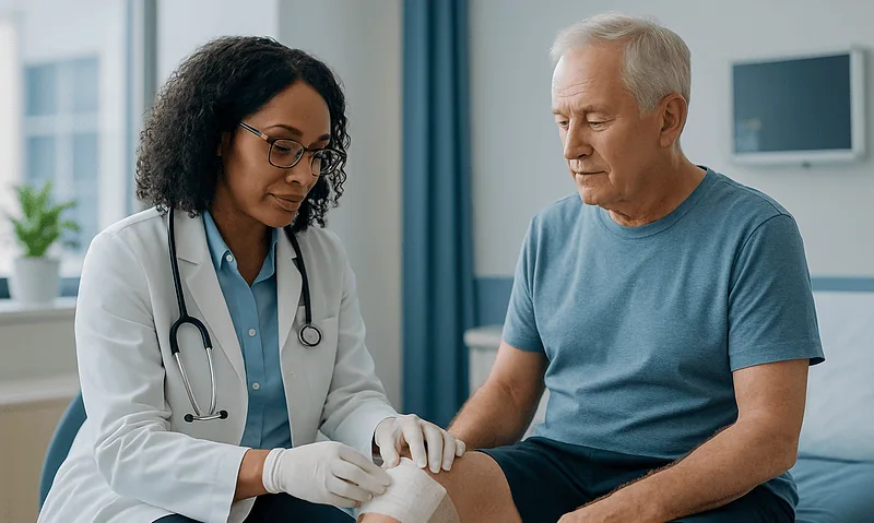 Doctor examining patient's knee after surgery for wound healing.