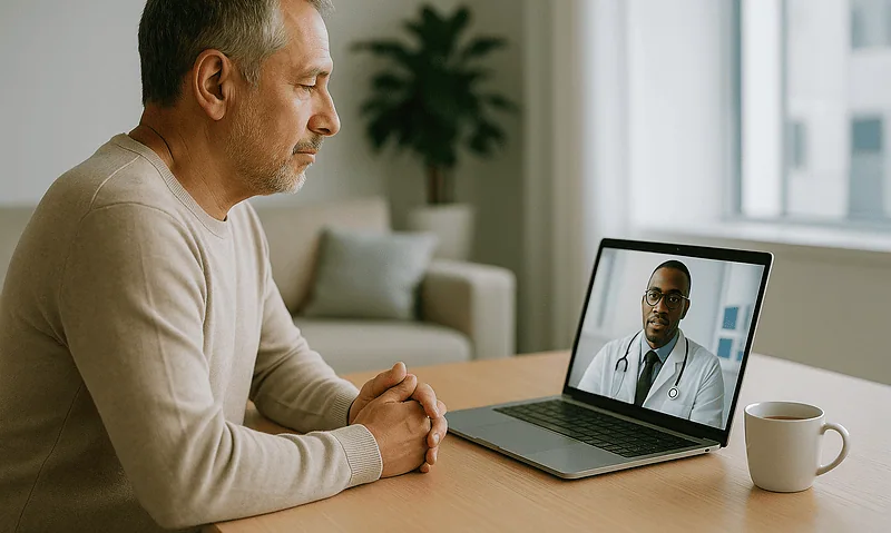 Senior man consulting with a doctor via video call at home.