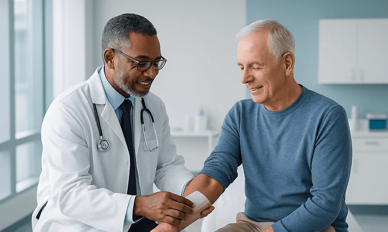 Doctor examining an elderly patient's wrist in a medical clinic.