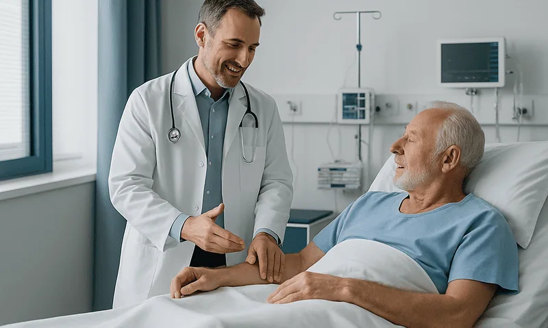 Doctor talking to senior patient in hospital room.
