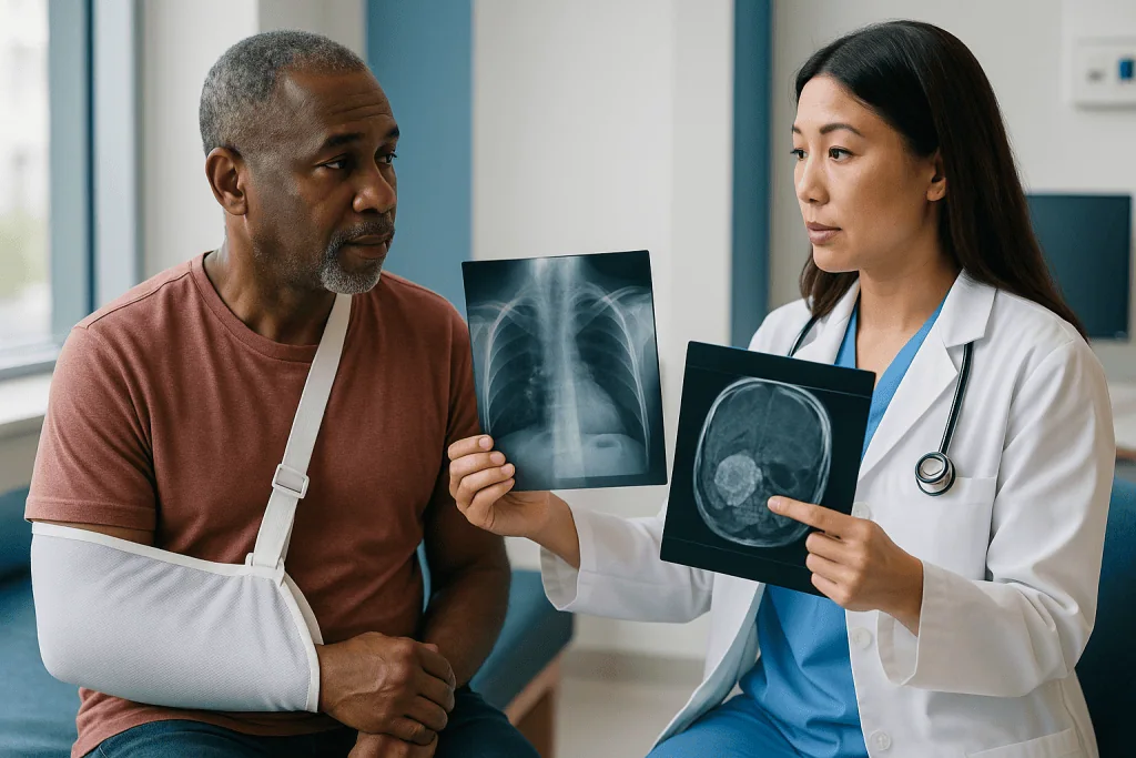 Doctor reviewing chest X-ray and brain CT scan with injured patient: X-ray vs CT scan for injury: what each one shows and mi