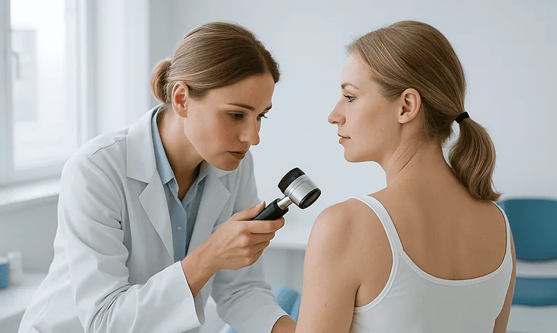 Doctor examining patient's shoulder with a medical instrument in clinic.