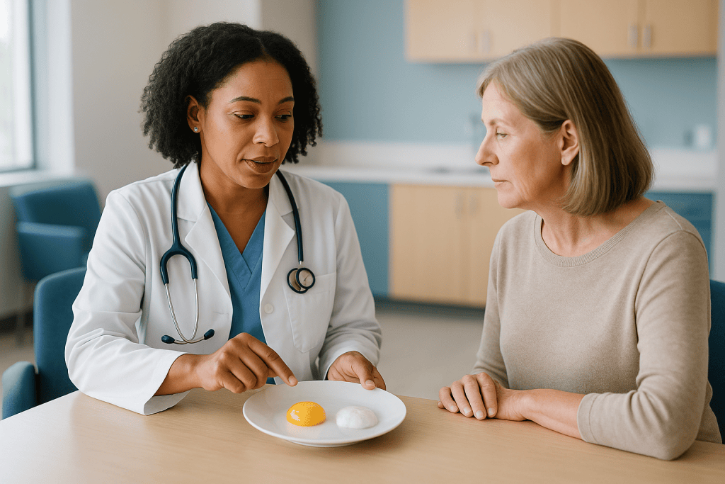 Doctor consulting patient about nutrition using egg plate — Yolk vs. white: where the calories actually live