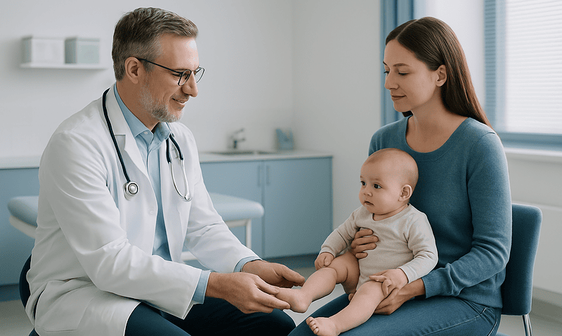 Pediatric orthopedic exam for a baby's clubfoot at a hospital.