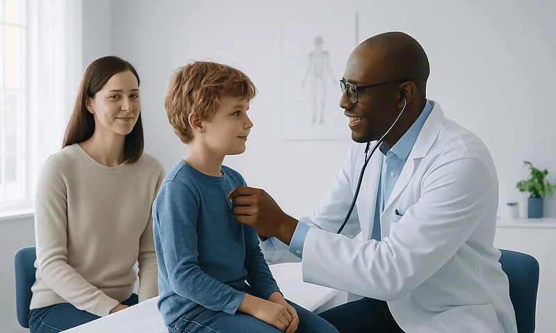 Pediatric doctor examining a young boy with juvenile arthritis in a clinic.