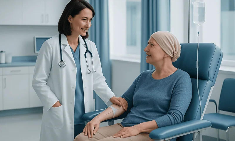 Doctor and patient smiling during chemotherapy check-in at Acibadem Hospital.