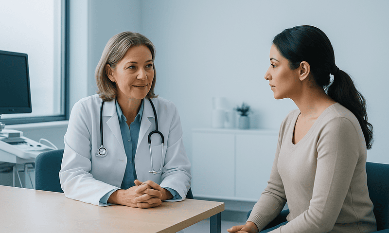 Doctor consulting with a patient in a medical office setting.