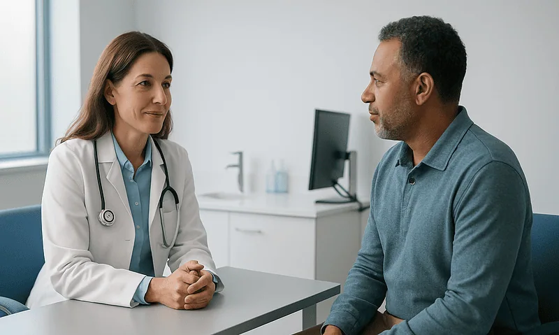 Doctor consulting with a male patient in a medical office setting.