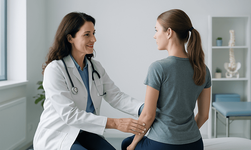 Doctor performing scoliosis assessment on patient in clinic setting.