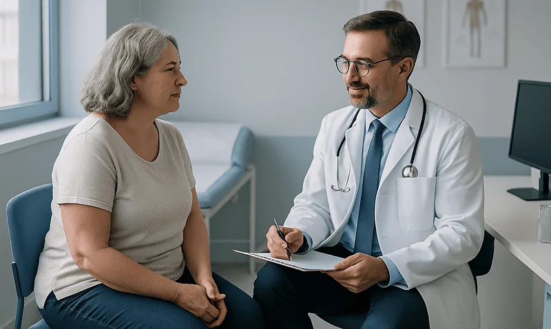 Doctor consulting with an elderly female patient in a medical office.